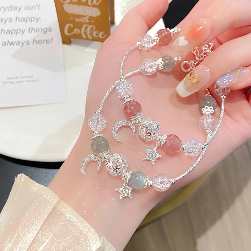 1pc Fashion Exquisite Pink Bracelets For Women Cute Star Moon Bracelet Metal Chain Beads Bracelet Sister Girlfriend Gift