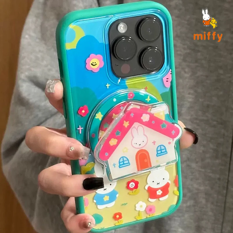 Kawaii Miffy Phone Shell Suitable for Iphone 16 15 14 13 Creative Little House Magnetic Stand Anti Drop Phone Case Anime Gifts