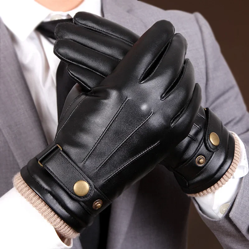 Men Sheepskin Leather Gloves Outdoor Sport Warm Wool Lined Vintage Daily Dress Driving Gloves