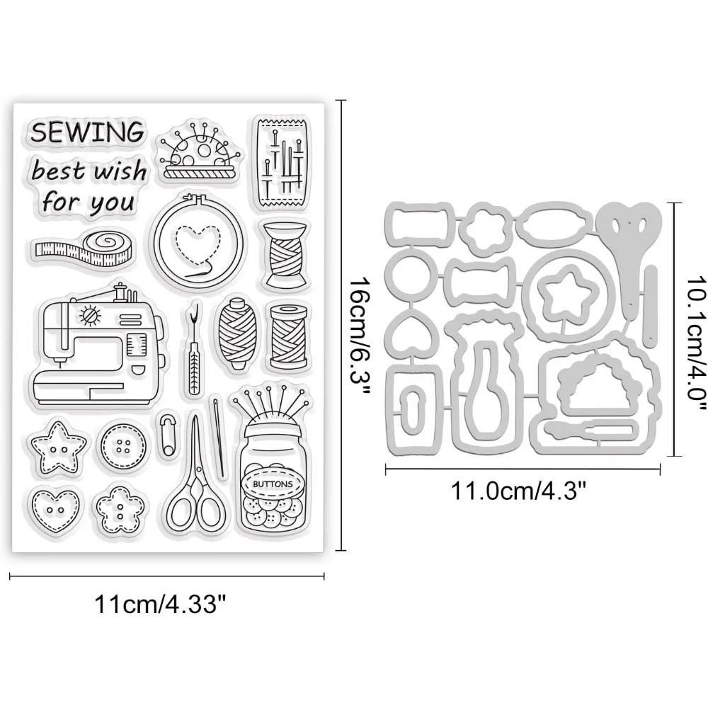 Sewing Theme Cut Dies and Clear Stamp Button Sewing Machine Embossing Template and Silicone Stamp for Card Scrapbooking Card