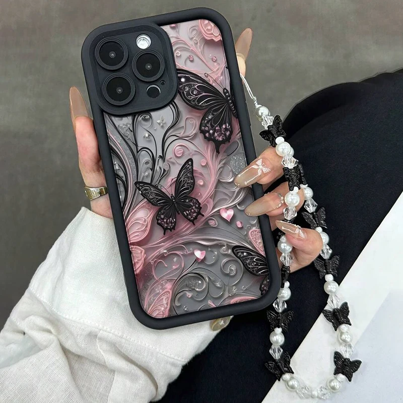 Funda de teléfono suave con diseño de mariposa negra para iPhone 11 12 13 14 15 16 17 Pro Max 17Air 16E X XS XR 7 8 Plus cubierta con dije de mariposa