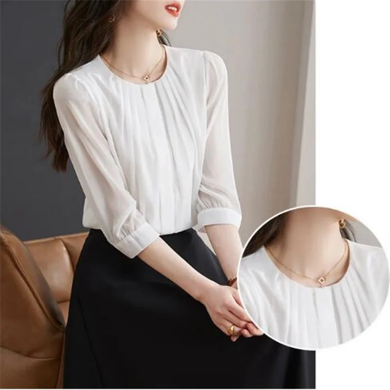 Fashion Round Neck Chiffon Shirt Women\'s Blouses Summer White Pleated Top Cardigan Female Blouses OL Leisure Feminine Blusas