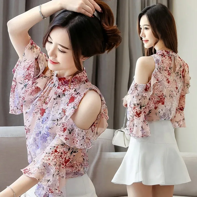 Short Sleeve Chiffon Blouses for Women, Sweet Butterfly Sleeve Tops, Off Shouer Shirts, Floral Print Clothes 5388 50