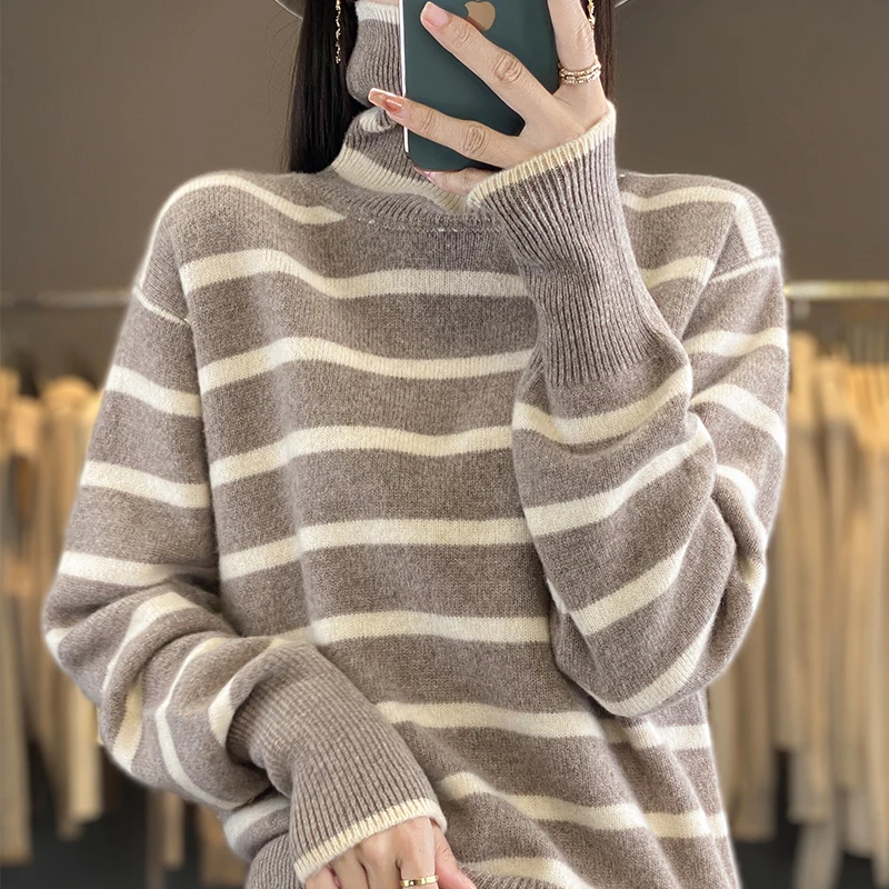 

Толстый полосатый свитер, женский свитер из 100% мериносовой шерсти, осенне-зимняя женская одежда, водолазка, пуловер, модный свободный свитер для женщин