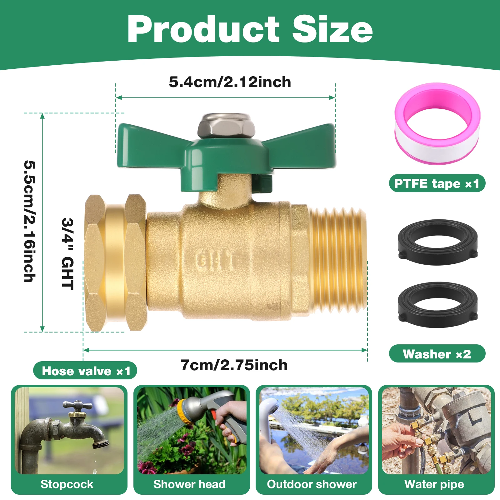 3PCS Garden Hose Shut Off Valve 3/4 Inch GHT High Flow Heavy Duty Brass Water Hose Ball Valve with 2 Washer Universal for Faucet