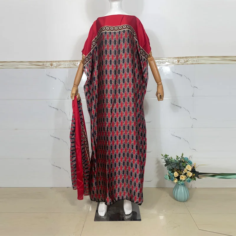 2023 New African dresses for woman Party Lace Embroidered silk kaftan Pressed Diamond Pattern Long Dress With Scarf For Lady