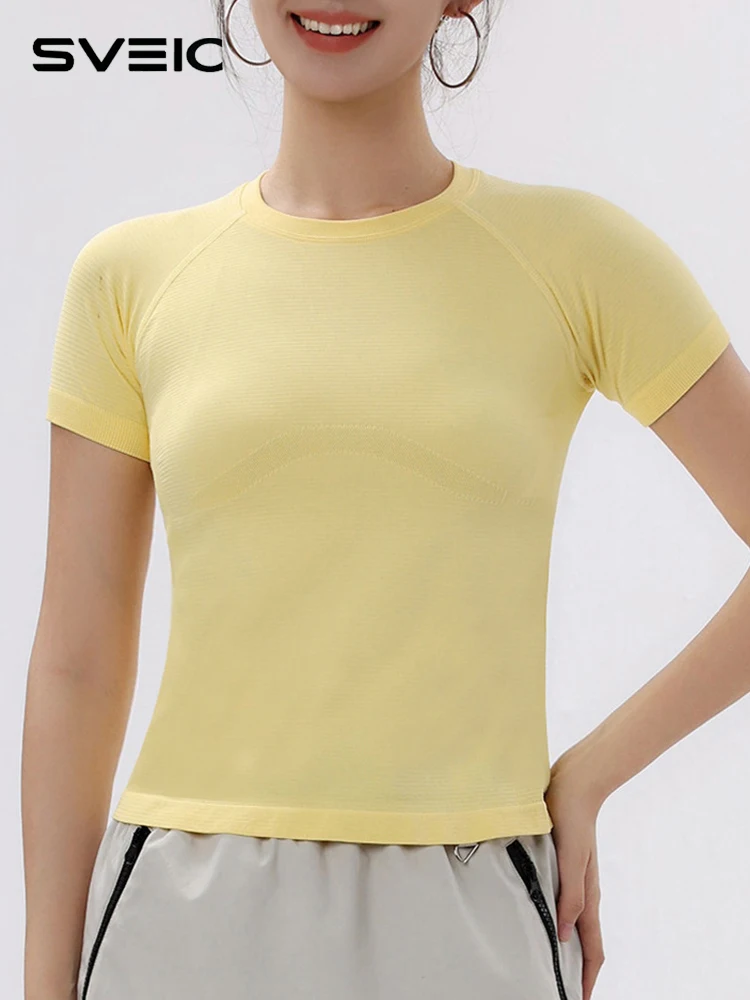 

SVEIC Спортивный топ с короткими рукавами для йоги, женская футболка, быстросохнущая, дышащая, влагоотводящая, фитнес-тренировки, одежда для бега, спортзала