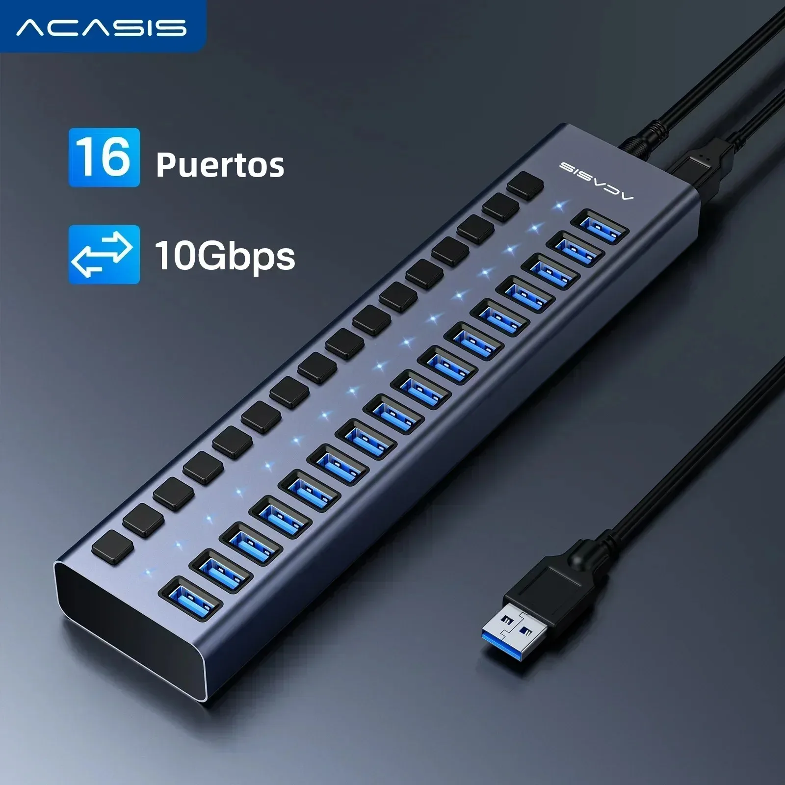 Acasis Hub USB de 16/10/7 Puertos 10Gbps con Interruptor Individual, Expansor USB para Portátil y PC, Ideal para Oficina y Home Office, Permite Conectar Múltiples Dispositivos como Teclado, Ratón e Impresora