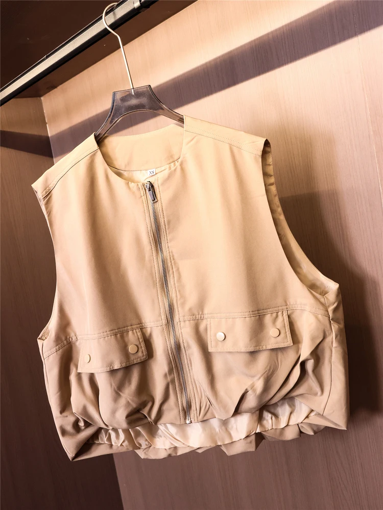 

Loose Casual Women's Vest Pure Color Folded Pocket Workwear Style Outerwear Autumn New Fashion V703 Polyester Short Sleeve
