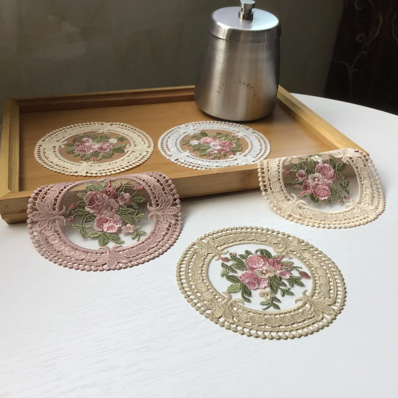 Chinese Style Round Lace Embroidered Flower Table Mat Pallet Coaster Coffee Cup Wine Glass Bar Banquet Party Weding Decoration