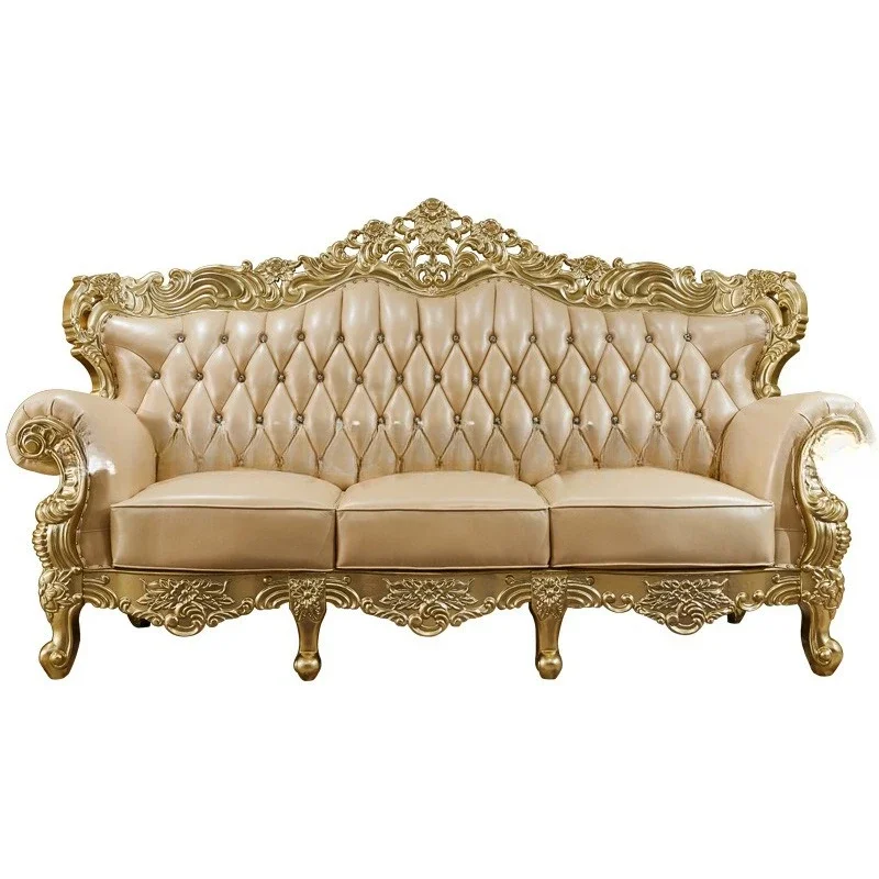 European-style solid wood leather sofa living room combination 123 seats classic gold luxury