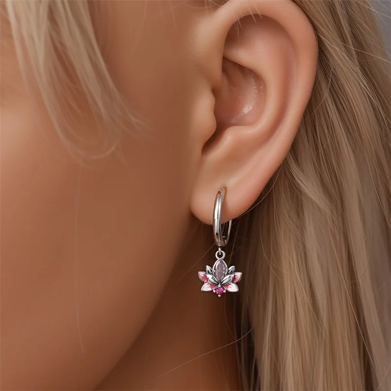 Hot Sales 925 Sterling Silver Pink Lotus Pendant Hoop Earrings For Women Fine Birthday Anniversary Jewelry Gifts view 2