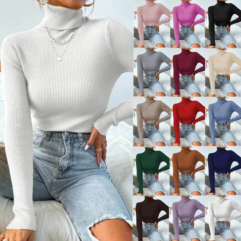Women's High Collar Knitted Sweater Slim Fit Base Layer Shirt City Walk Commute Style Winter Collection Fashionable Base Layer
