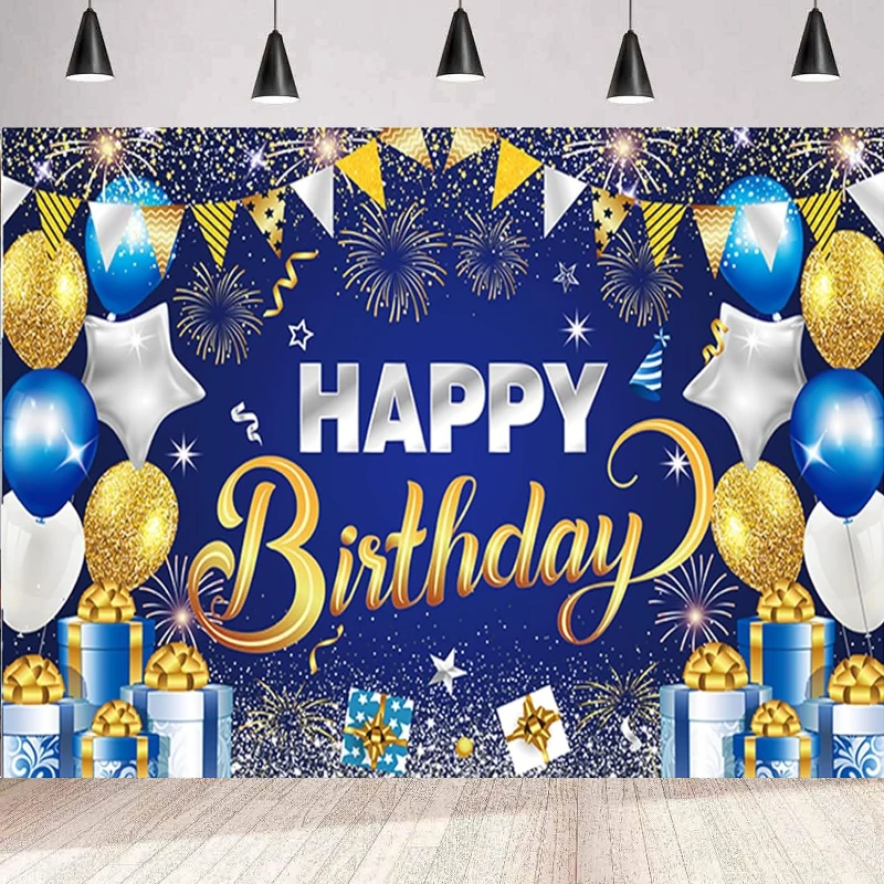 

Photography Backdrop Blue And Sliver Glitter Sign Banner Happy Birthday Party Supplies Background Wall Poster For Men Women