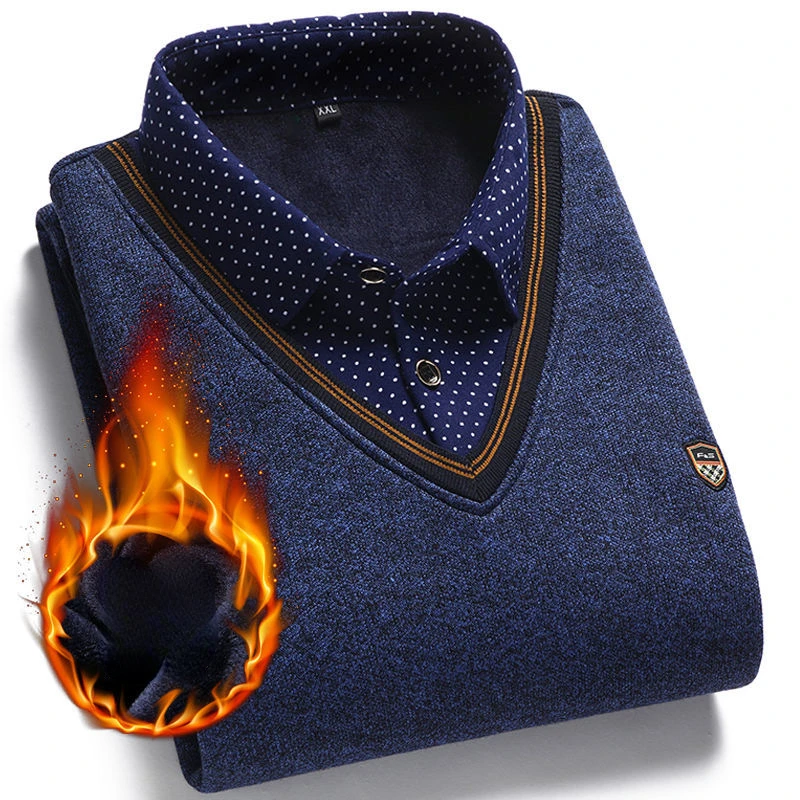 SHiONFA Herbst Winter Herren Langarm Pullover Shirts Gefälschte Zwei Stücke Pullover Fleece Dickes Hemd Gestrickte Casual Kleidung 4XL – Detail 19