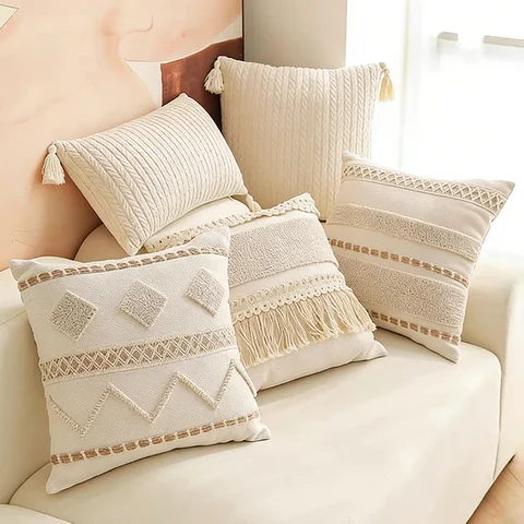 Bohemian Cotton Linen Farmhouse Pillowcase Weaving Lace Tassel Cushion Cover Bedhead Sofa Pillow Cover Home Decoration 45×45cm