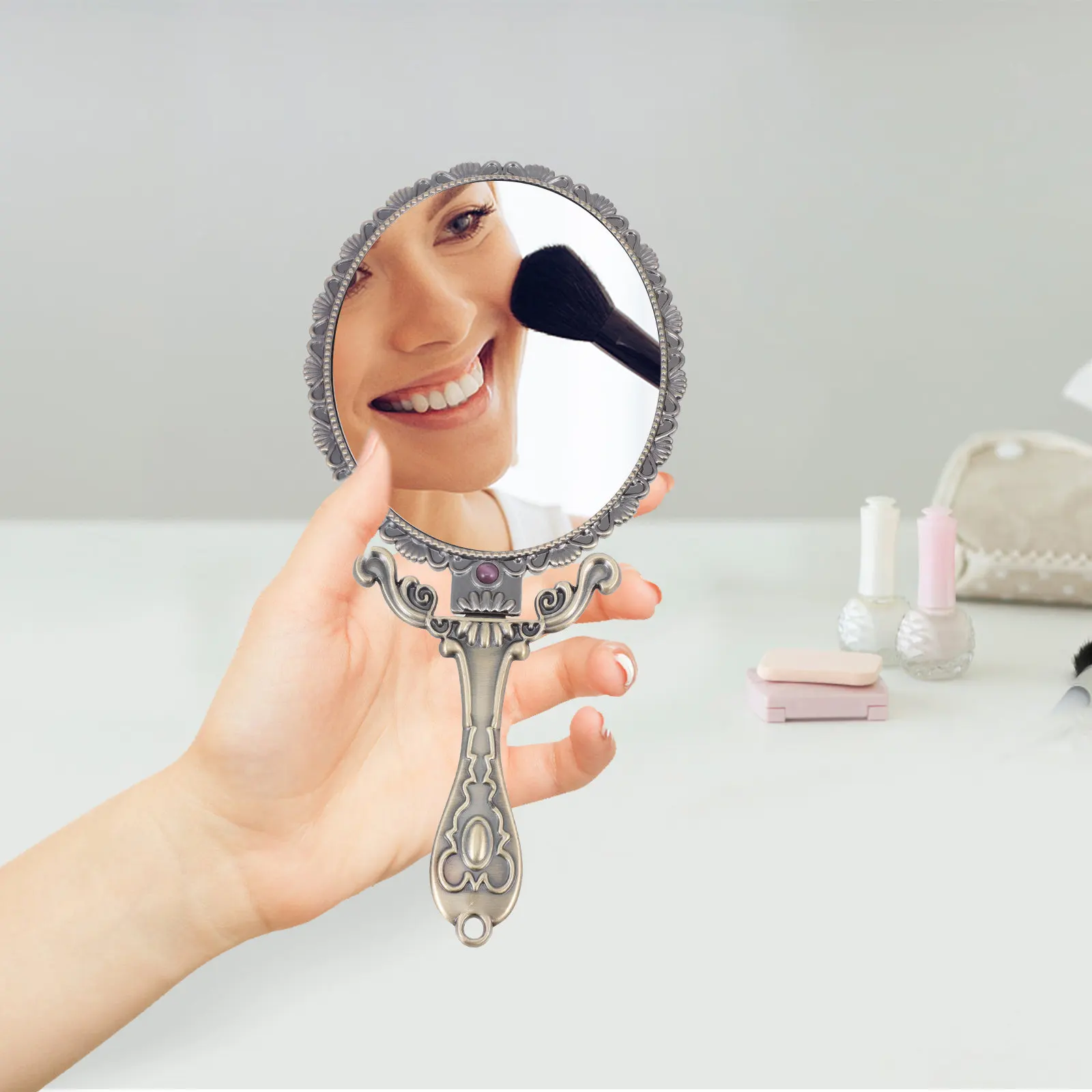 

Handheld Makeup Mirror Vintage Rose Design Foldable Portable Mirror Chic Decorative Beauty Tool for Women Daily Use
