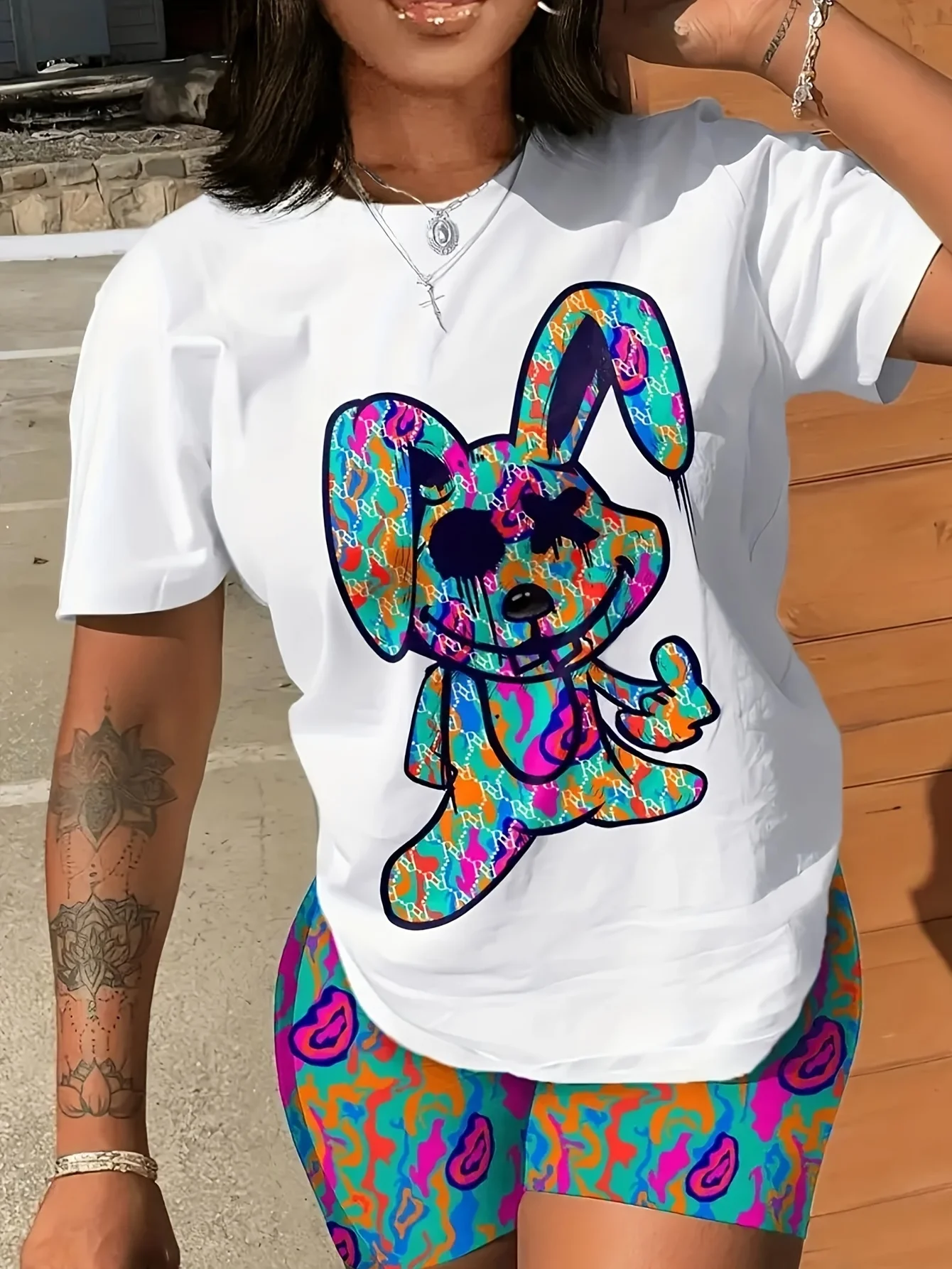 Cartoon Rabbit Print T-shirt, Casual Crew Neck Short Sleeve Summer T-shirt, Women\'s Clothing