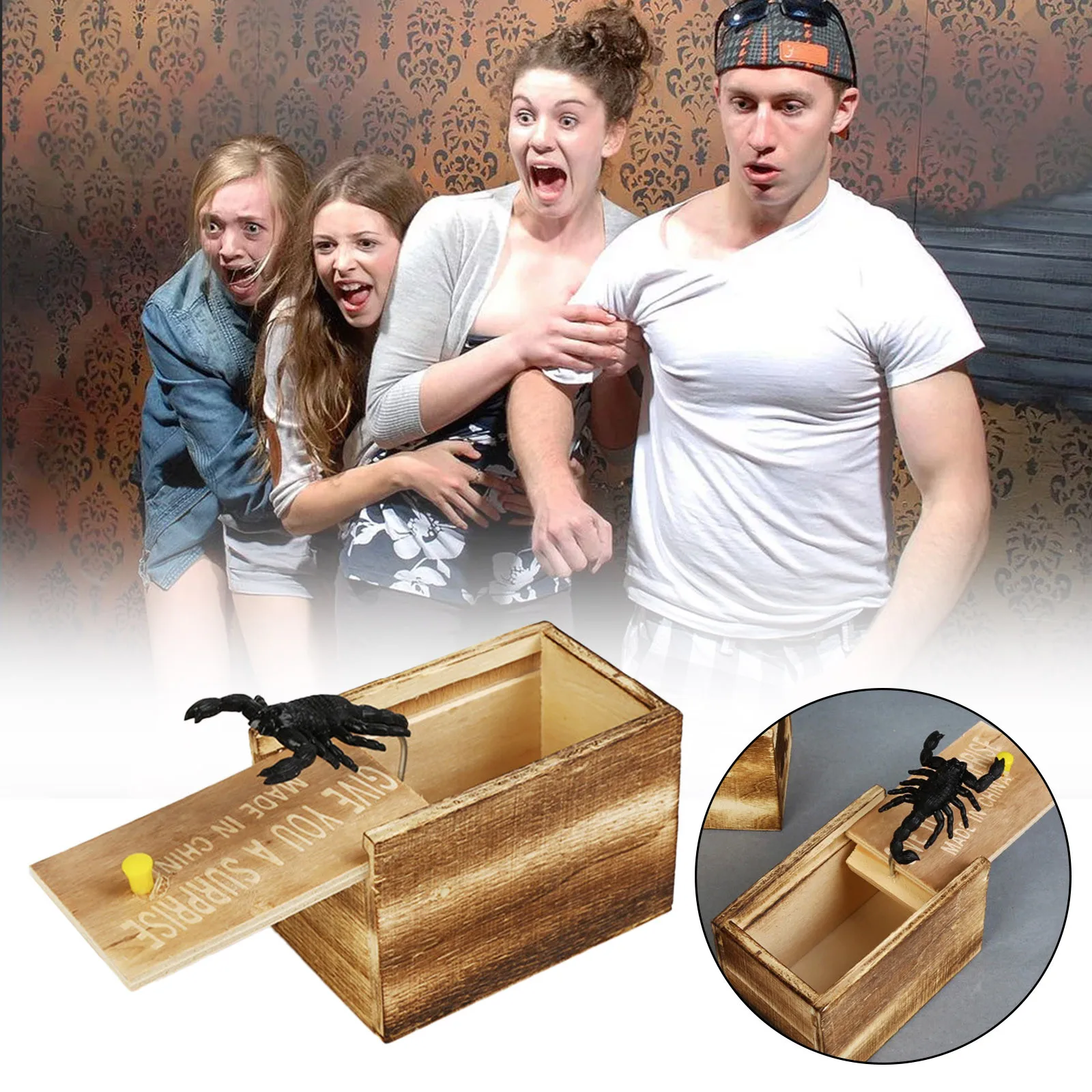 

Games Newborn Months Original Scorpions Scare Prank Box Hilarious Wooden Scare Box Handmade Fun Joke Scarebox Toy Practical