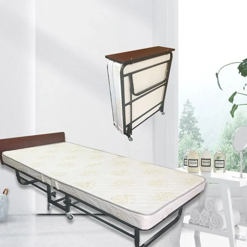 Portable Metal Rollaway Bed Single Size with Coconut Palm Mattress Foldable Extra Guest Bed for Hotel Home Use Space Saving