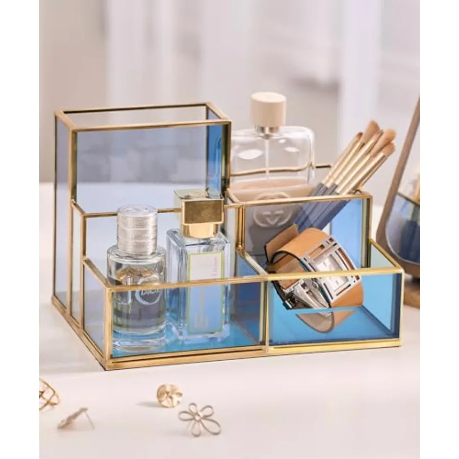 

Desk Organizer for Home Office Supplies, Gold Brass with Blue Glass, Workspace Storage for Stationery, Cosmetic, Makeup Tools a