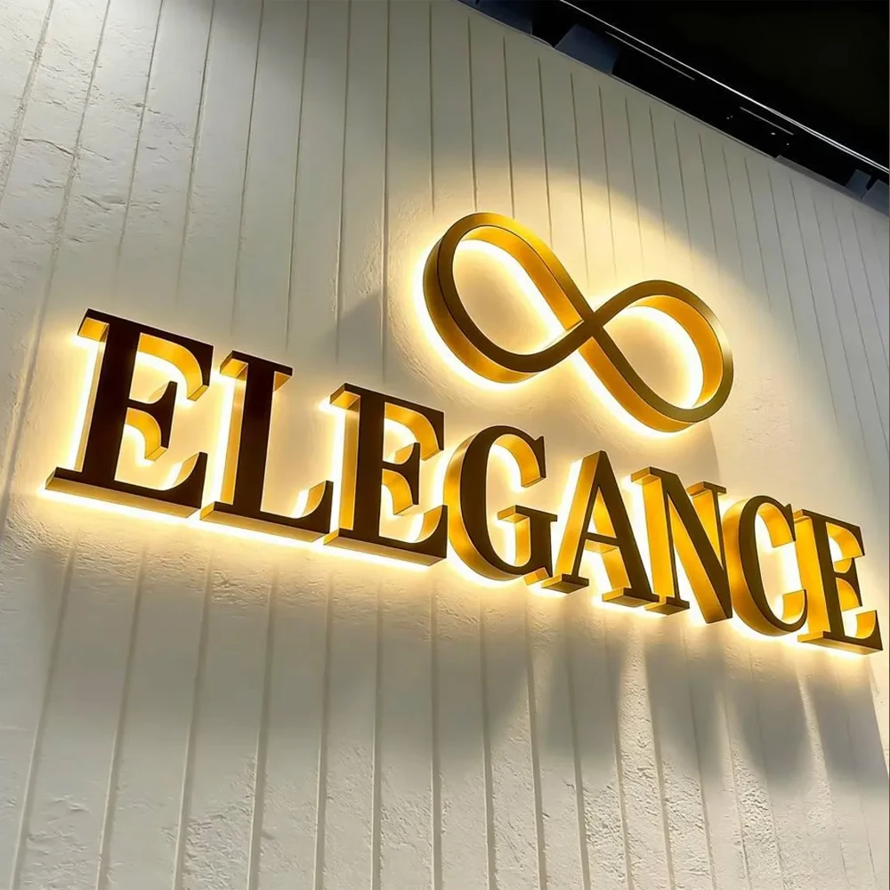 Custom Gold Illuminated Sign 3D Metal Letter Backlit Large Signage Custom LED Business Large Company Signage LED Decor Signs