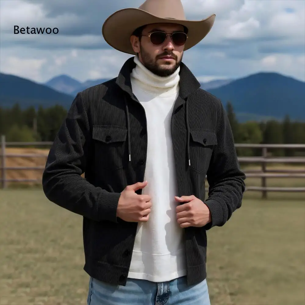 Men Drawstring Collar Corduroy Jacket Long Sleeve Button Down Solid Casual Outerwear With Chest Pockets For Autumn Daily Wear