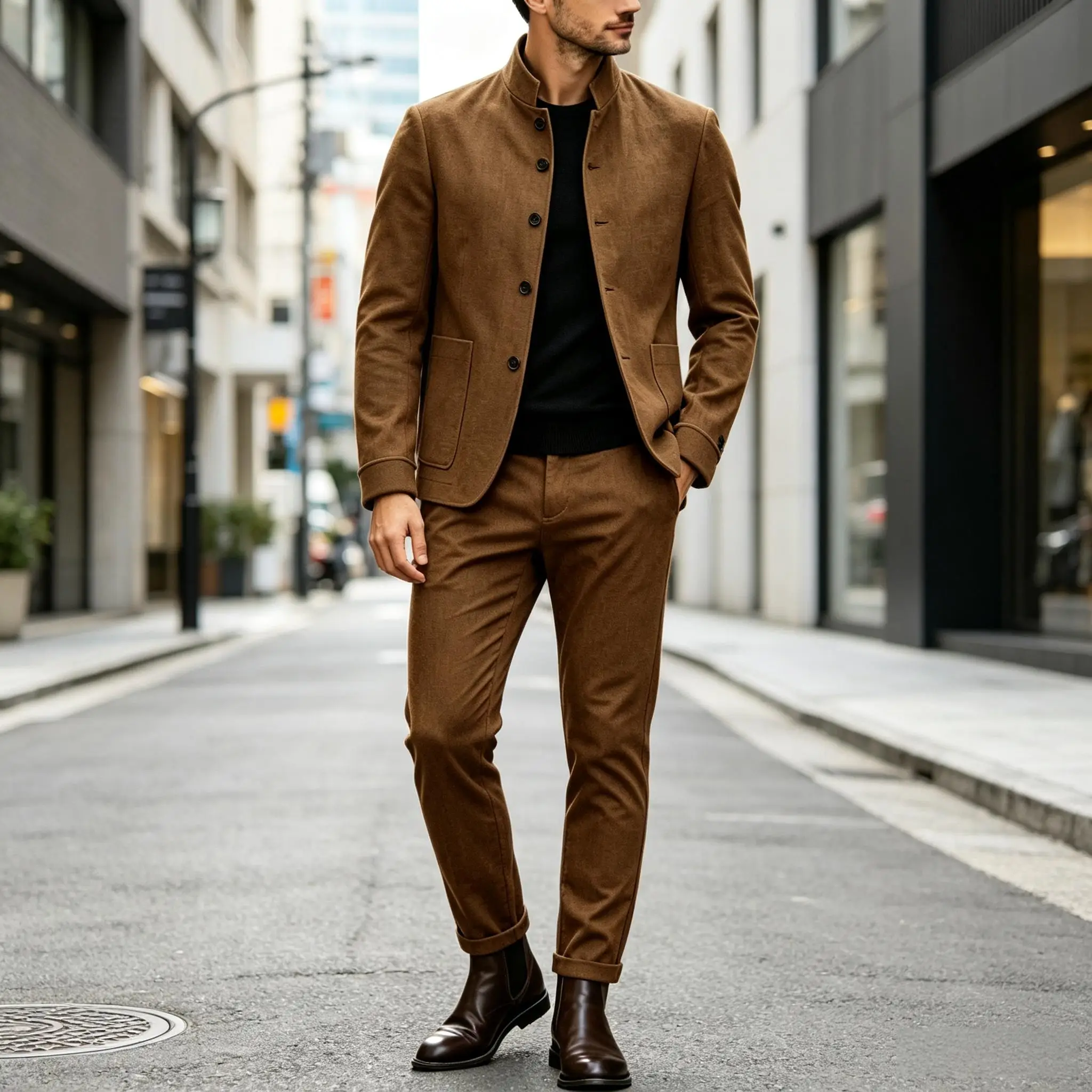Men Stand Collar Linen Blazer Set Slim Fit 2 Pieces Jacket Pants Breathable Wrinkle‑Resistant Vintage Casual Business Outerwear