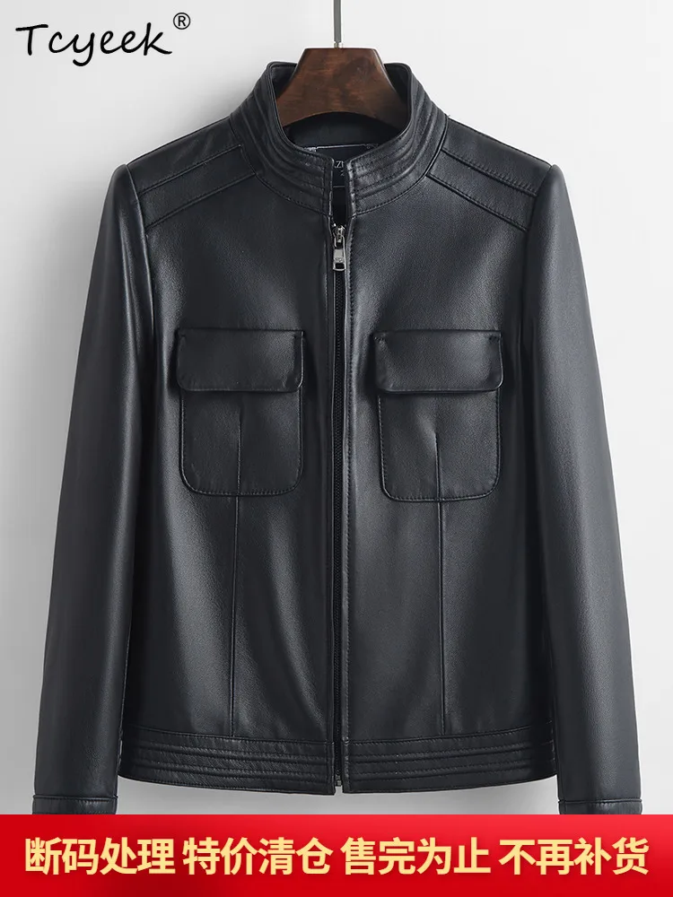 Tcyeek Chaqueta de Cuero de piel de oveja para mujer primavera otoño cuello levantado de manga larga Chaqueta corta negra para motocicleta Chaqueta Cuero