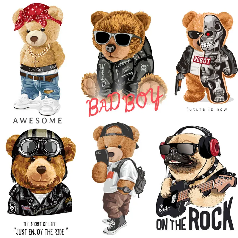 Hippie Rock Music Dog Bear Iron on Transfers for Clothing Thermoadhesive Patches on Clothes Cartoon Animal Stickers Custom Patch