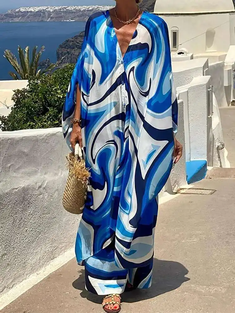 

Новые модные комплекты из двух предметов с рукавом три четверти, женский весенне-летний свободный наряд с принтом, широкие брюки, элегантные женские костюмы