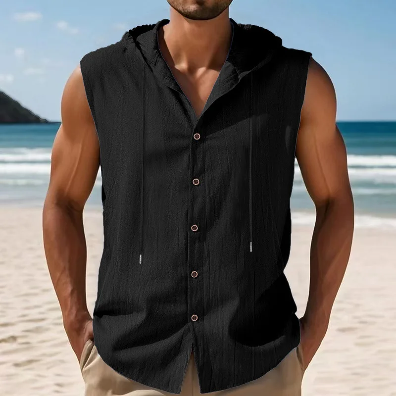 American Summer Men's Loose Casual Linen Hooded Sleeveless Trendy Hip Hop Shirt