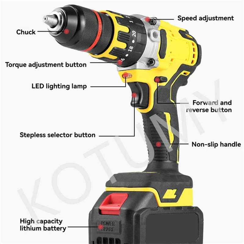 21V Cordless Drill Rechargeable Electric Screwdriver Brushless Lithium Battery Household Multi-function 2 Speed Power Tools