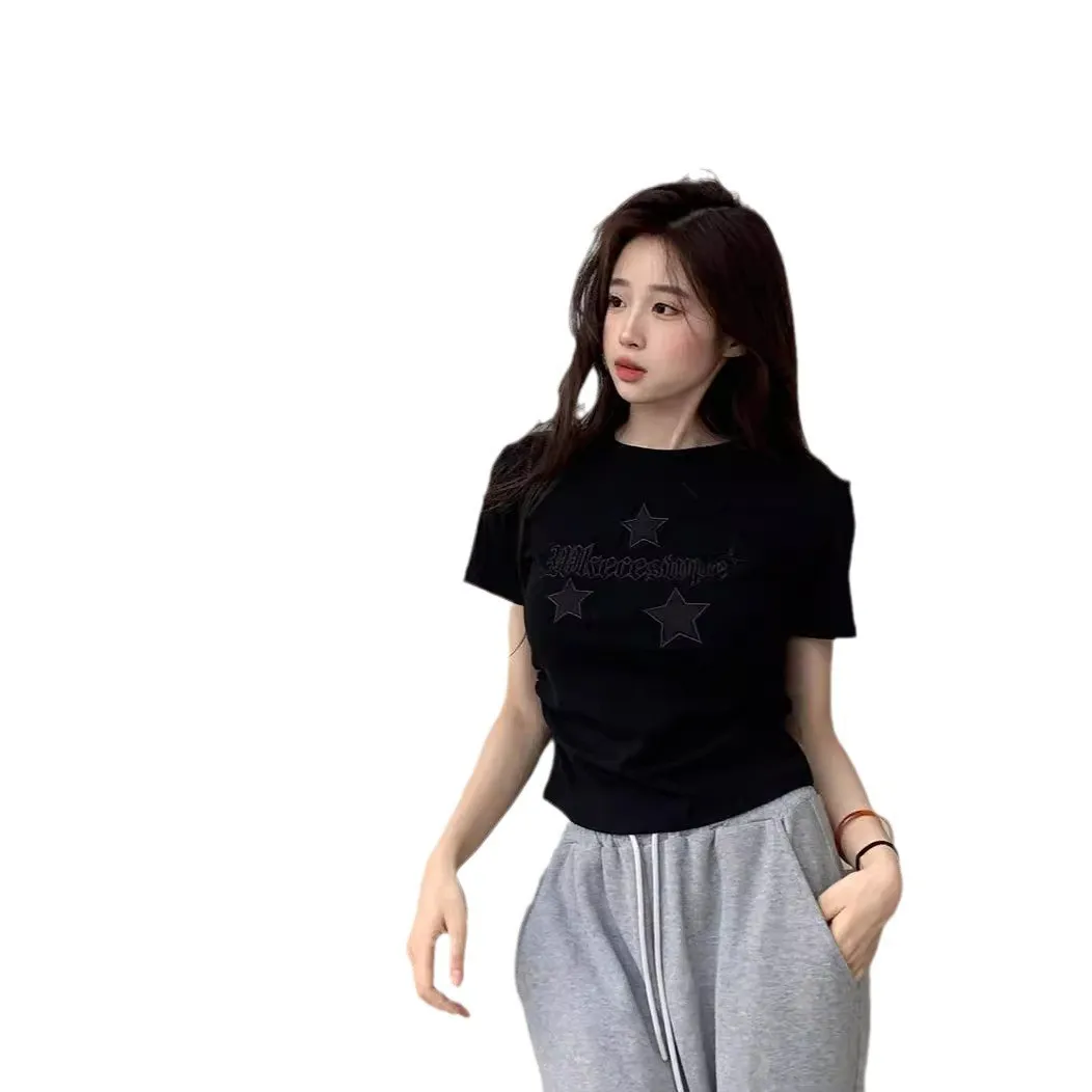 Original Star Embroidery Korean Sle ort Sve round Ne T-irt Women's Faion Summer New ort Waist-Cinching Top