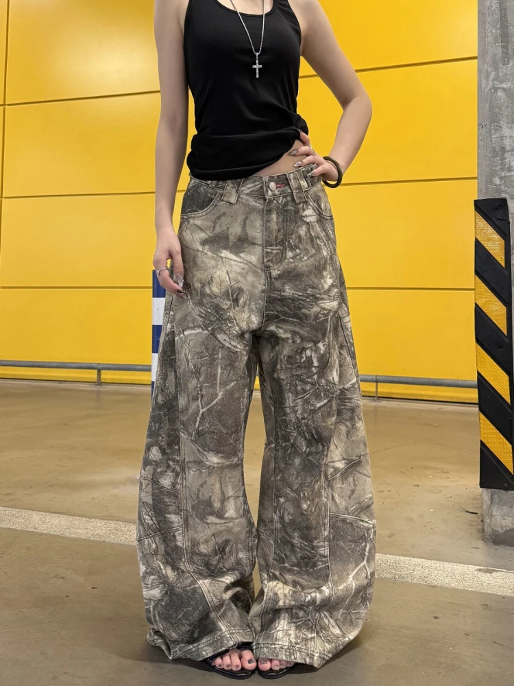 

Deeptown Y2k Letter Embroidery Vintage Boyfriend Jeans Woman Camouflage Wide Leg American Style Denim Pants Baggy Streetwear