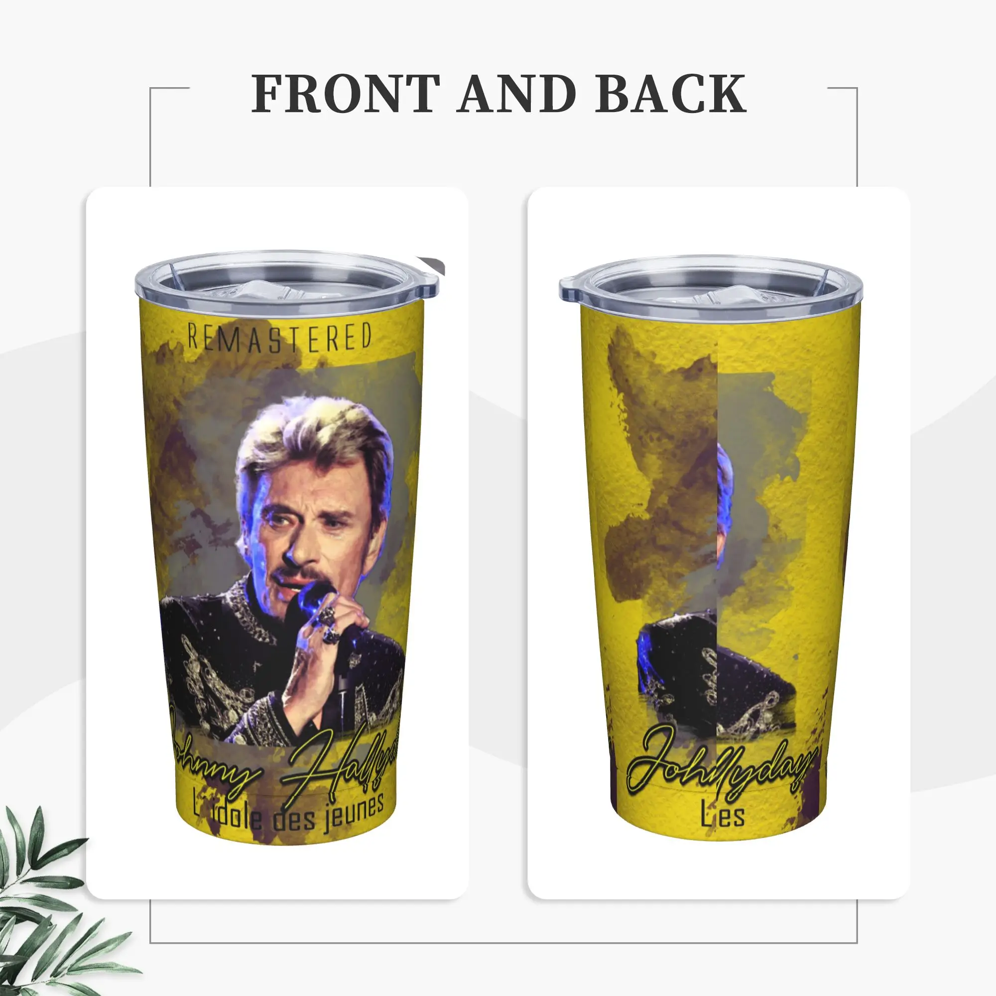 Johnny Hallyday Insulated Tumbler with Lid Singer Stainless Steel Thermal Mug Double Wall Car Bottle Cups, 20oz