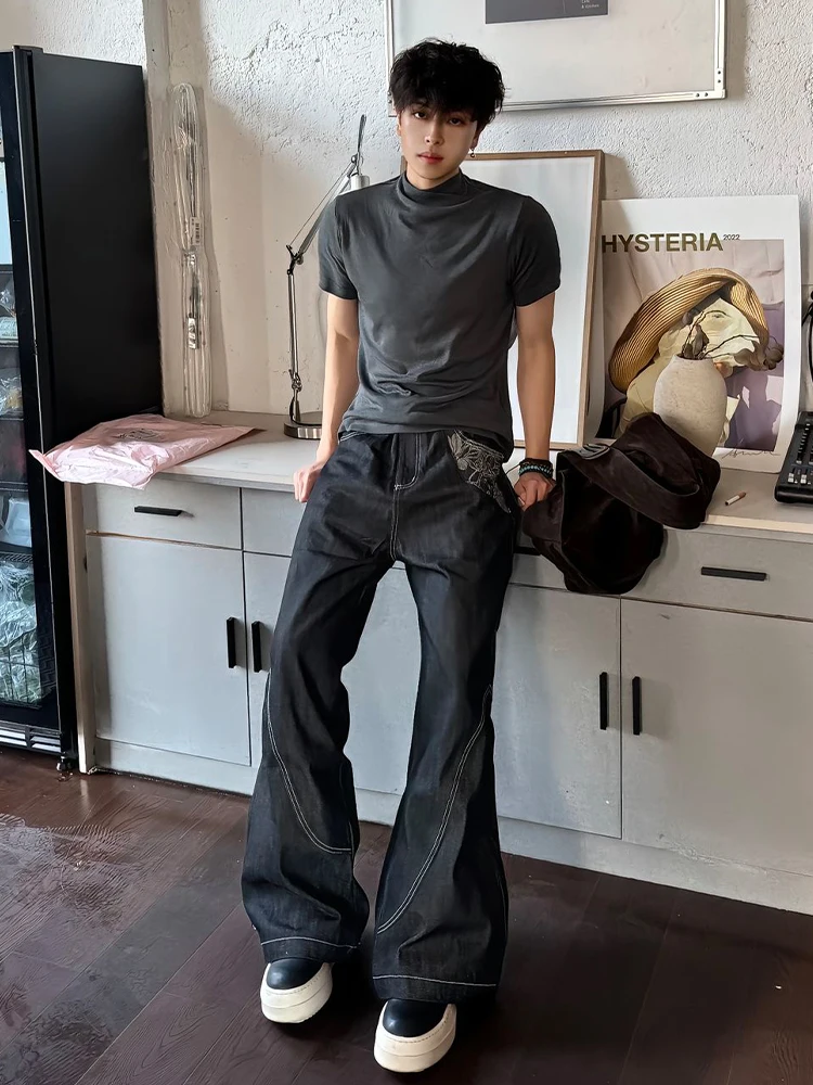 

Bla Original Denim Knife Jeans Men's Sle Autumn Trendy American High Street Embroidered Pants Dra Loose Wide Leg...