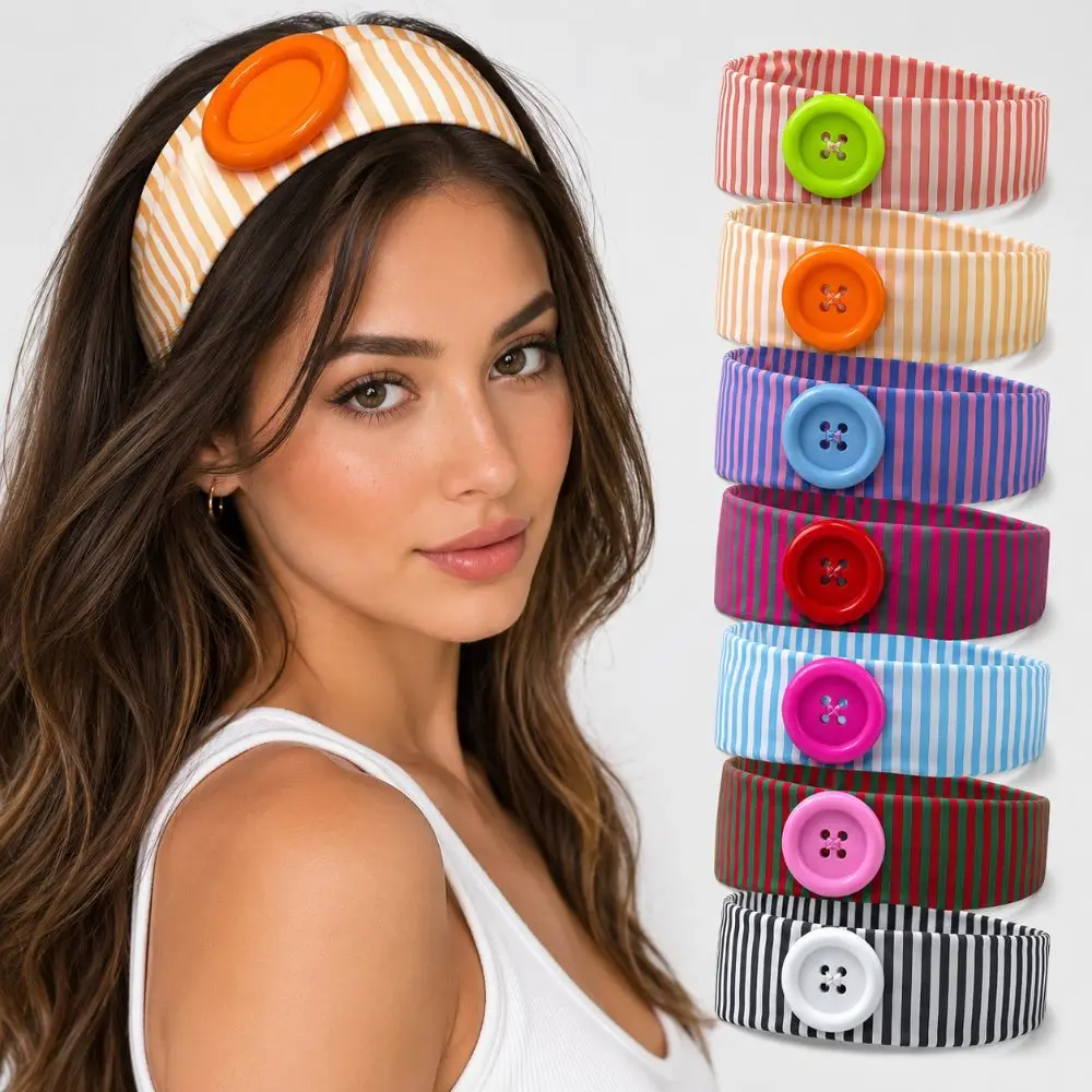 Trendy Striped Print Large Button Headband Colorful Ins Niche Headscarf Breathable Dopamine Summer Hairband Lady Girls Headwear