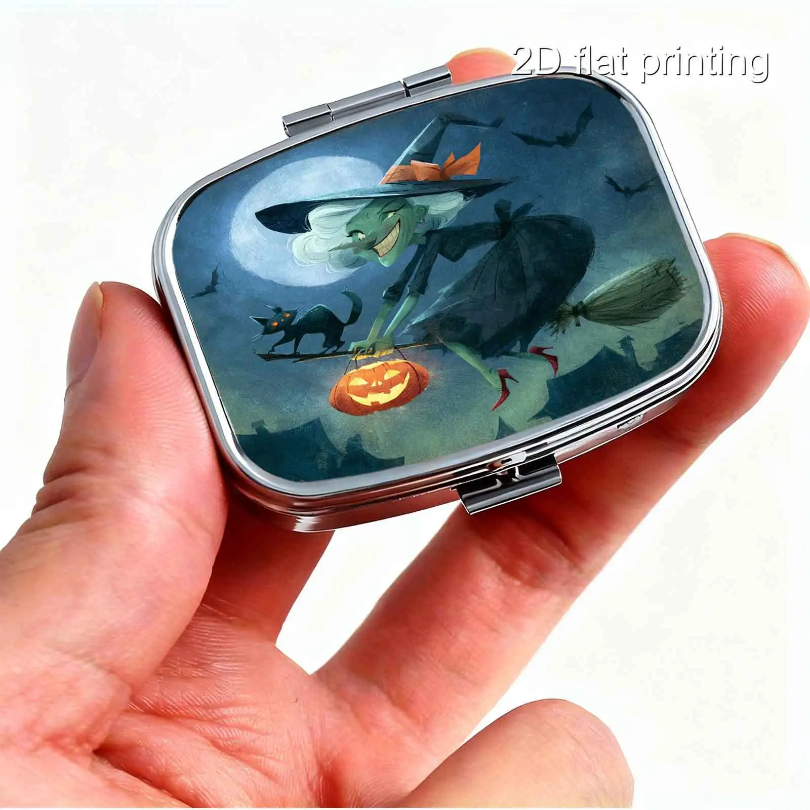 1Pc Flat Printing Pill Box, Portable Metal Material, Halloween Moonlit Witch Pumpkin Square Pattern, Dreamy Soft Light Dark Tone Watercolor Square Style Design - Mini Pill Box - Capsule Box - Regular Medication - Vitamins - Pill Capsules - Easy to Store - Compartmentalized Storage - Practical Gift - Preferred Gift Choice - Portable and Easy to Carry