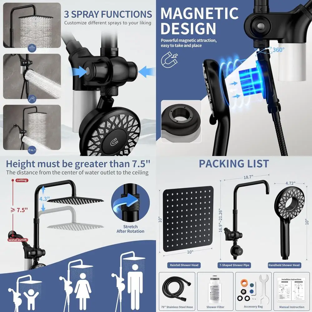 High-Pressure Dual Shower System with Filtered Handheld, Modern Magnetix Combo, Adjustable Black Lift Bar