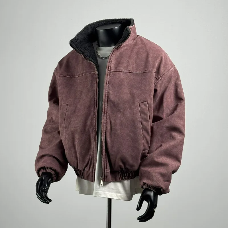 KIDWHXR Winter Herrenjacke, dick gefüttert mit Fleece, warm, mit Stehkragen, Cargo-Mantel für Männer, locker geschnitten, langärmelig, mit Reißverschluss, lässige Oberbekleidung für Männer. – Detail 5