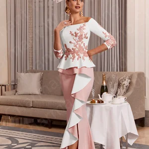 مخصص حورية البحر والدة العروس فساتين شاحب الوردي الدانتيل قبالة الكتف بلا أكمام فساتين ضيف الزفاف انقسام الجبهة أعلى 6 مبيعات فستان أم العروس الوردي - رقم 3