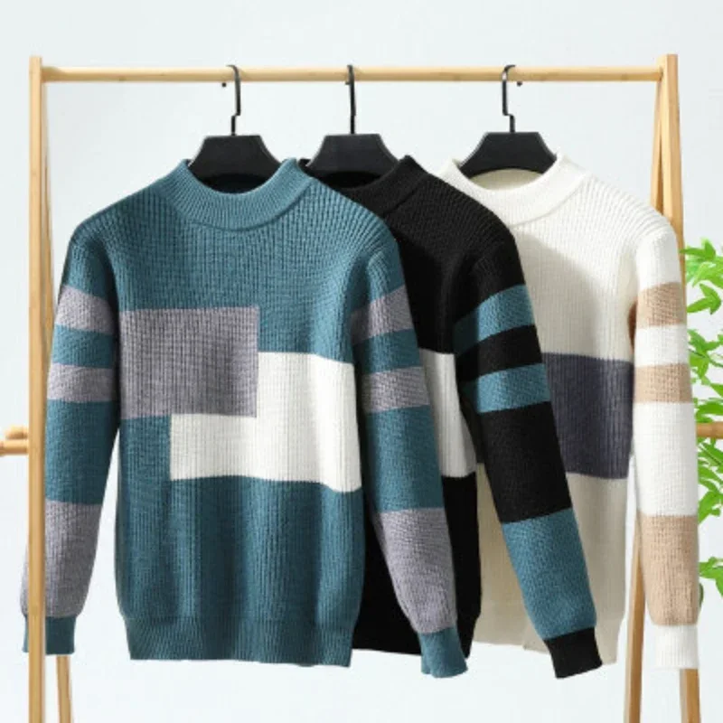 

Teenagers Winter Thick Warm Fashionable Contrasting Color Sweater Men's Round Neck High-quality Outdoor Trendy Casual Pullover