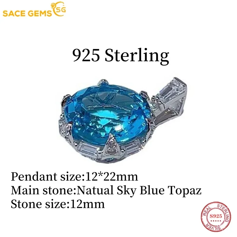 SACE GEMS New Luxury 925 Sterling Silver 12MM Natual Sky Blue Topaz Pendant Necklace for Women Cocktail Party Fine Jewelry Gift