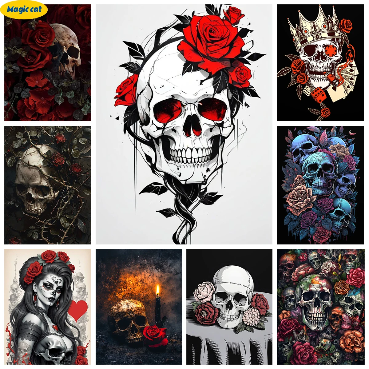

Skull and Rose DIY Diamond Art Painting Gothic Style Picture Diamond Embroidery Mosaic Oil Painting Home Wall Decoration