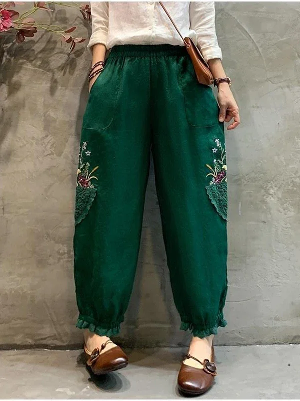 Cotton Linen Pants for Women 2024 Autumn Green Bloomers Capri Pants with Embroidery Harem Trousers High Waist Soft Lantern Pants