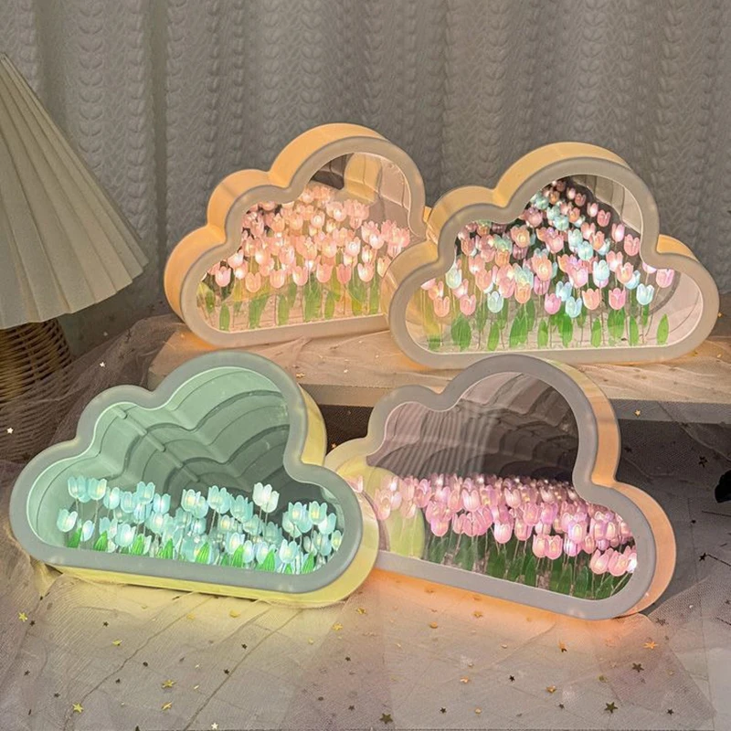Handmade DIY Tulip Flower Sea Night Atmosphere Lamp Clouds Tulip Lamp LED Night Light Mirror Table Lamp Bedroom Decor Lights