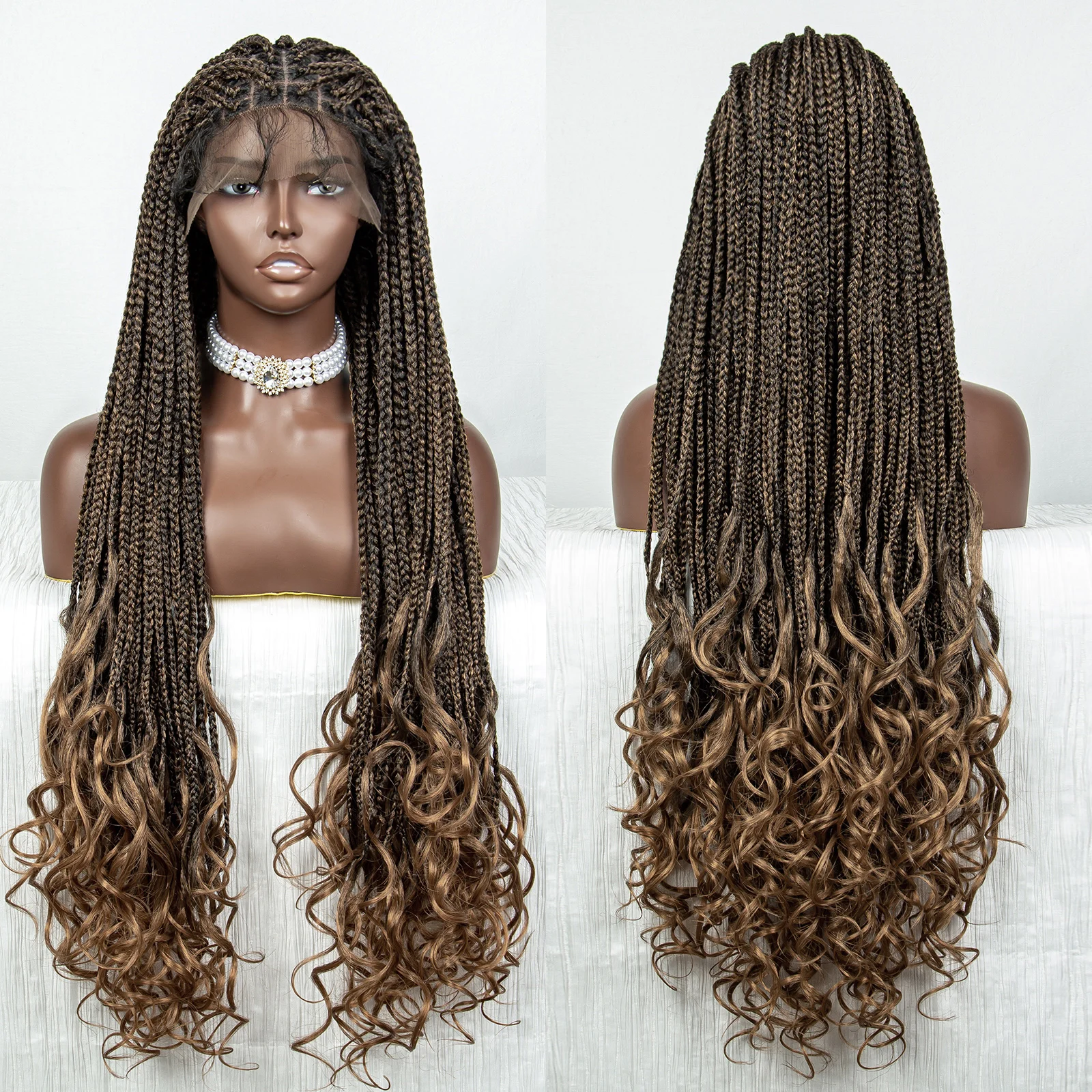 Ombre Full Lace Braided Wigs with Wavy End Synthetic Lace Front Braid Wig for Black Women Knotless Box Braids Wig with Baby Hair