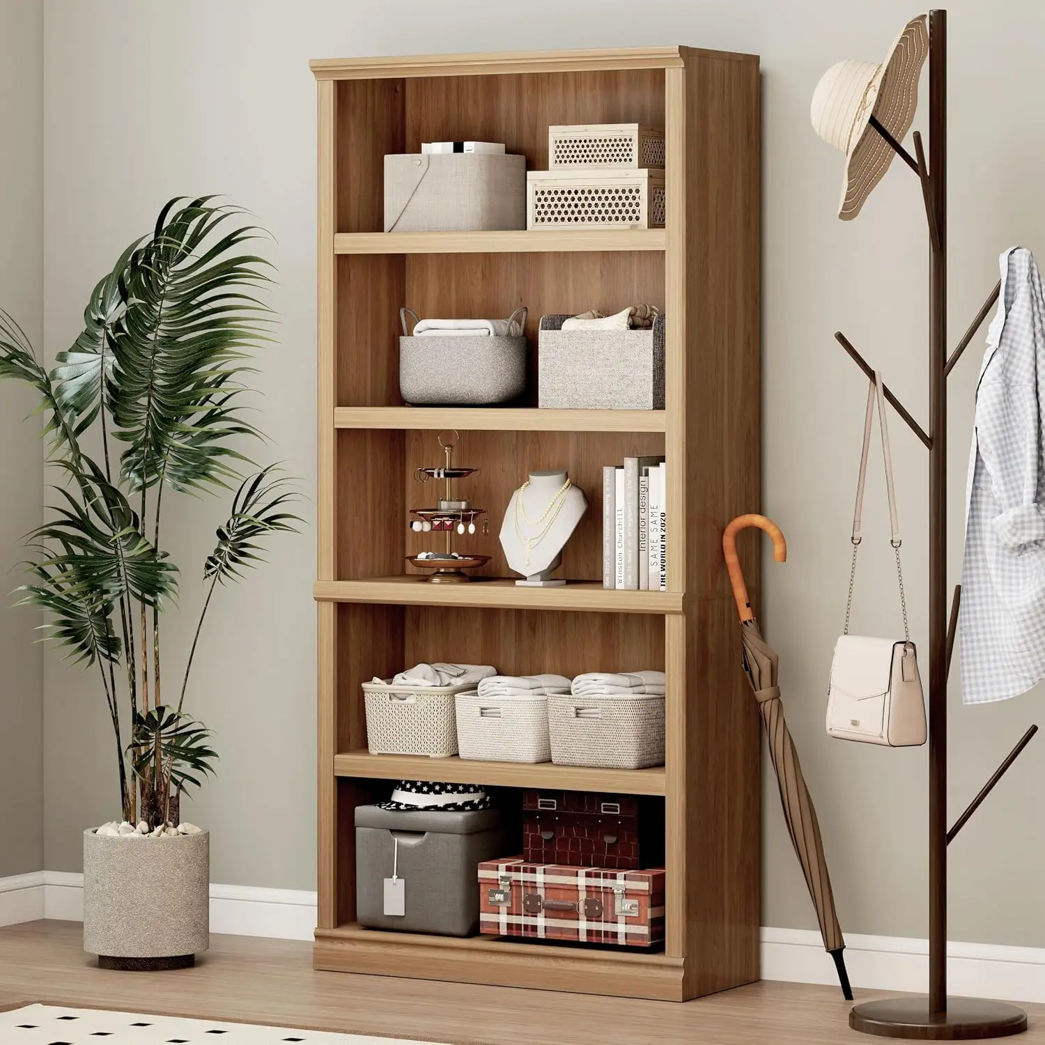 70-Inch Tall Oak Bookcase 5-Tier Open Storage Shelf for Home Office Library, Customized