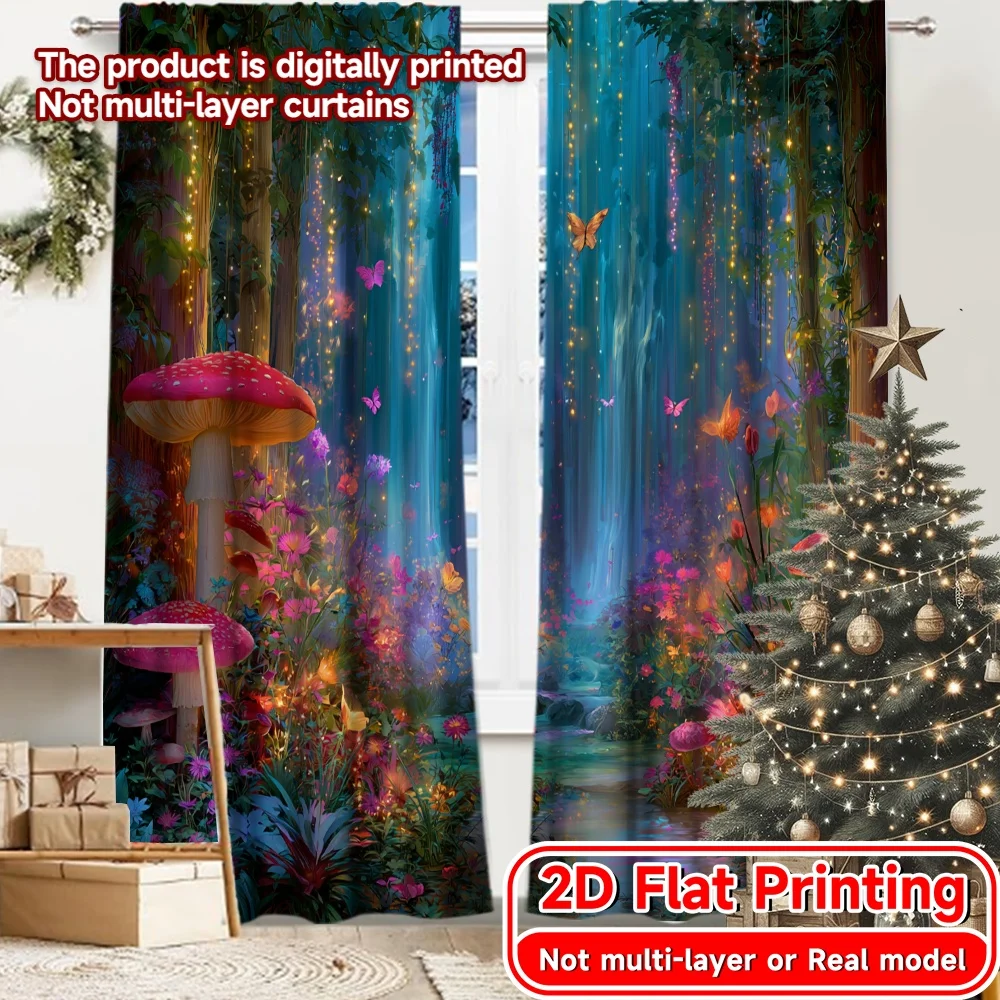 2D Flat Printing,2pcs Enchanted Glade Light Filtering Modern Curtains Durable Polyester Curtains Decorations For Home Ldeal for
